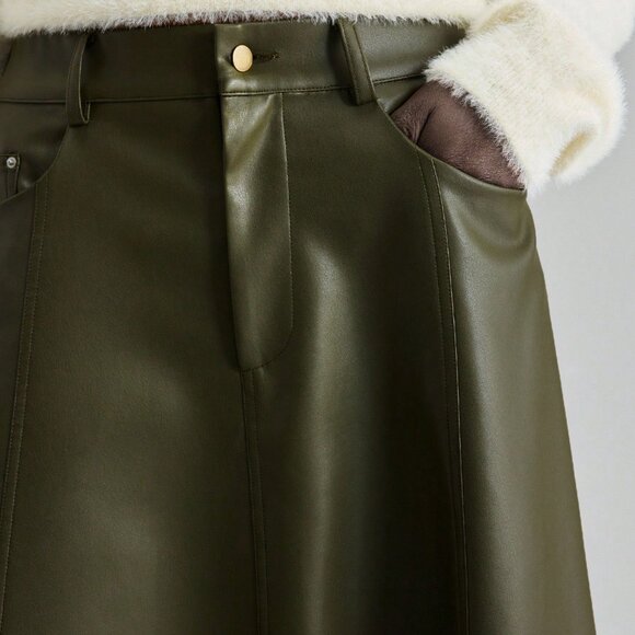Army Green Elegant A-Line Women's Skirt - Picture 5 of 6